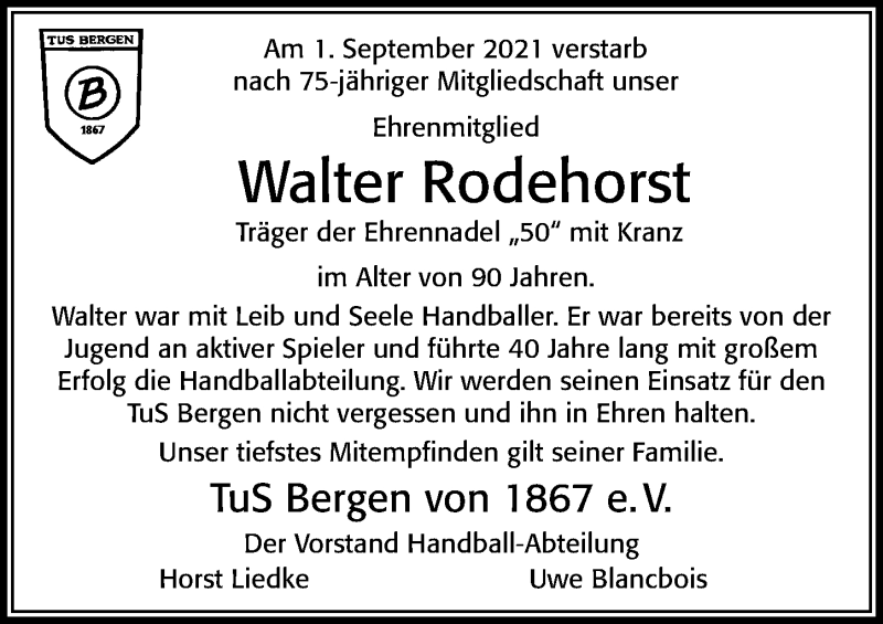  Traueranzeige für Walter Rodehorst vom 04.09.2021 aus Cellesche Zeitung