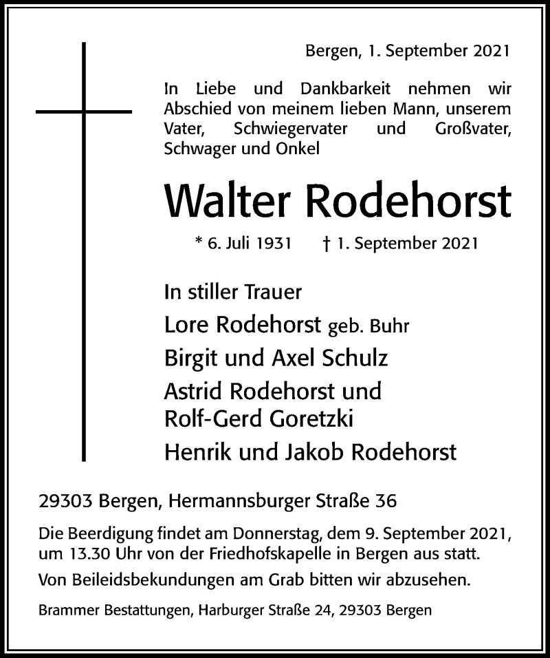  Traueranzeige für Walter Rodehorst vom 04.09.2021 aus Cellesche Zeitung