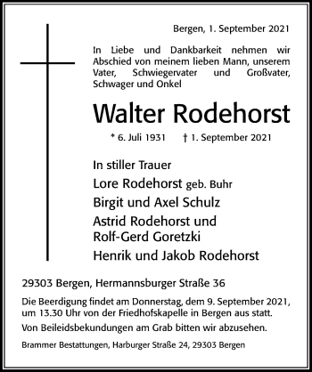 Traueranzeige von Walter Rodehorst von Cellesche Zeitung