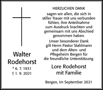 Traueranzeige von Walter Rodehorst von Cellesche Zeitung