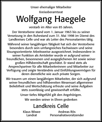 Traueranzeige von Wolfgang Haegele von Cellesche Zeitung