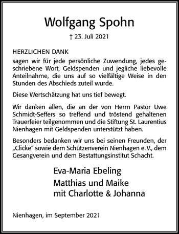 Traueranzeige von Wolfgang Spohn von Cellesche Zeitung