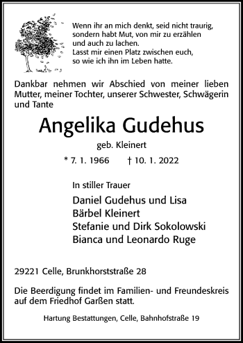 Traueranzeige von Angelika Gudehus von Cellesche Zeitung