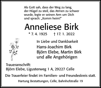 Traueranzeige von Anneliese Birk von Cellesche Zeitung