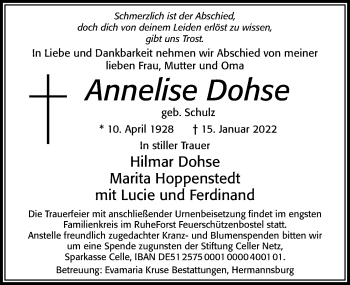 Traueranzeige von Annelise Dohse von Cellesche Zeitung