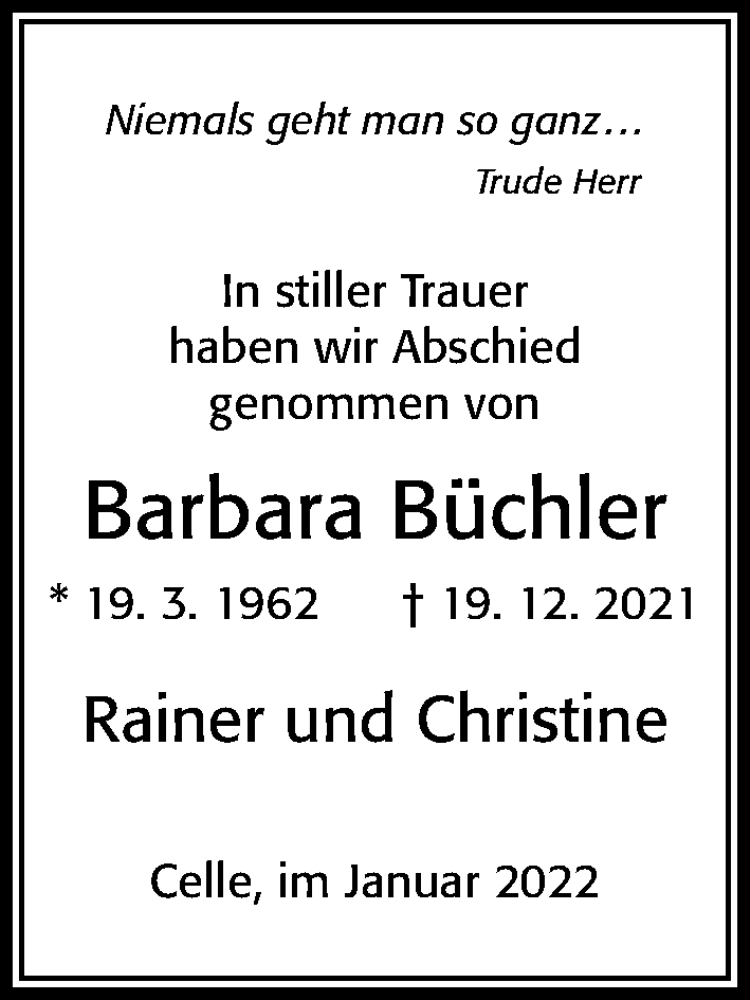  Traueranzeige für Barbara Büchler vom 08.01.2022 aus Cellesche Zeitung