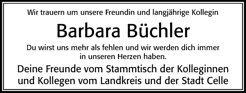  Traueranzeige für Barbara Büchler vom 08.01.2022 aus Cellesche Zeitung