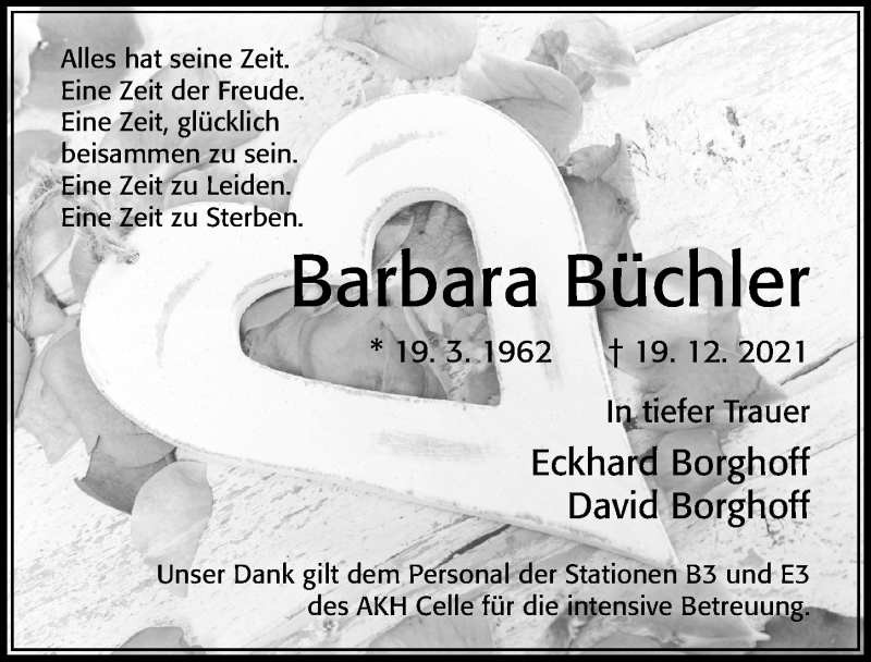  Traueranzeige für Barbara Büchler vom 08.01.2022 aus Cellesche Zeitung