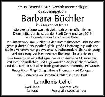 Traueranzeige von Barbara Büchler von Cellesche Zeitung