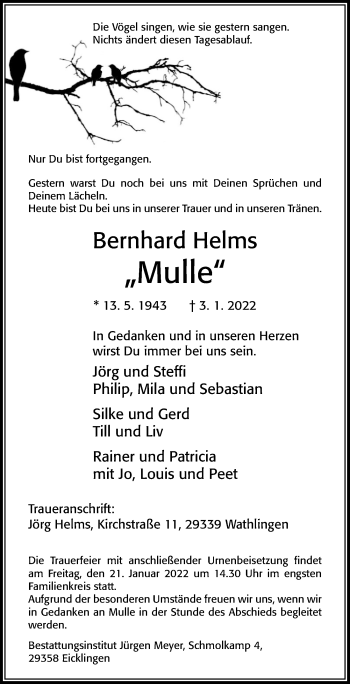 Traueranzeige von Bernhard Helms von Cellesche Zeitung