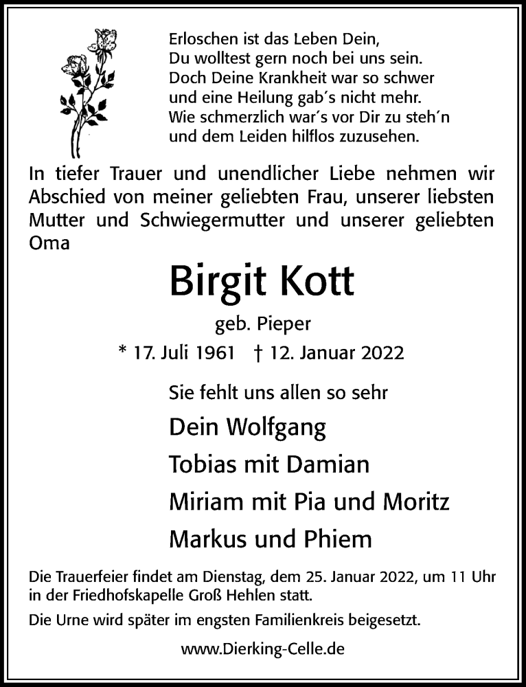 Traueranzeige für Birgit Kott vom 15.01.2022 aus Cellesche Zeitung