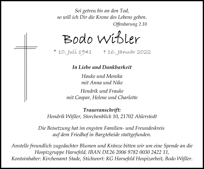  Traueranzeige für Bodo Wißler vom 22.01.2022 aus Cellesche Zeitung