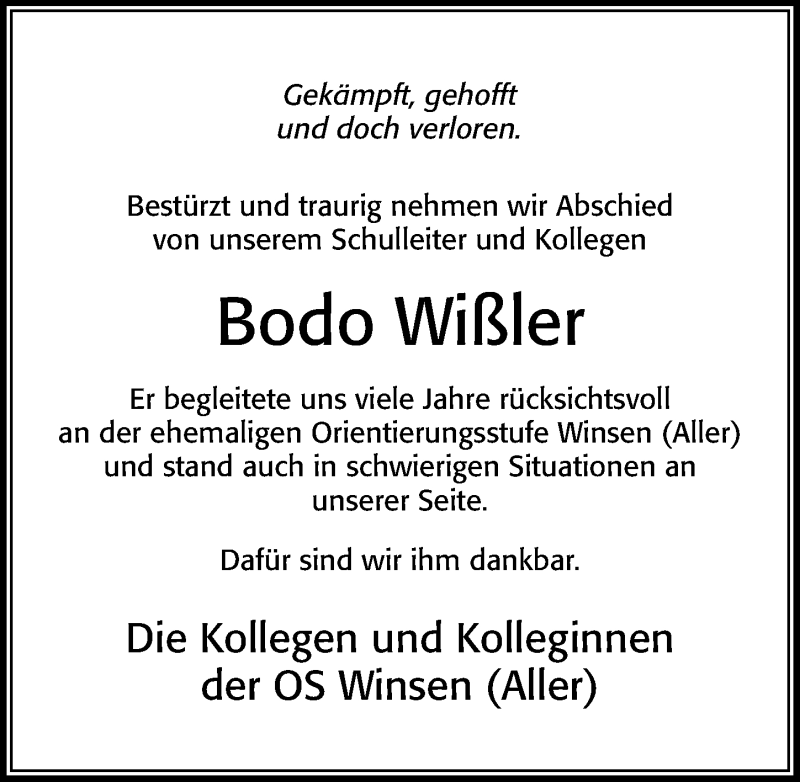  Traueranzeige für Bodo Wißler vom 22.01.2022 aus Cellesche Zeitung