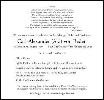 Traueranzeige von Carl-Alexander  von Reden von Cellesche Zeitung