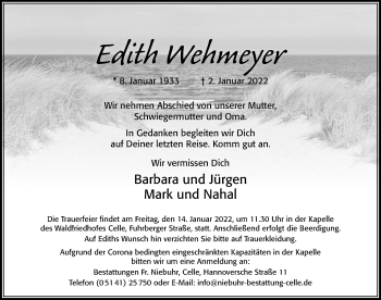 Traueranzeige von Edith Wehmeyer von Cellesche Zeitung