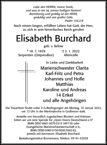 Traueranzeige von Elisabeth Burchard von Cellesche Zeitung