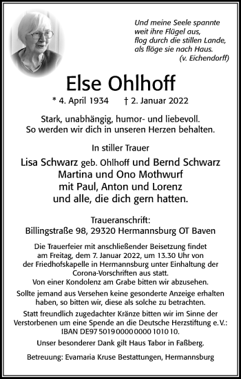 Traueranzeige von Else Ohlhoff von Cellesche Zeitung