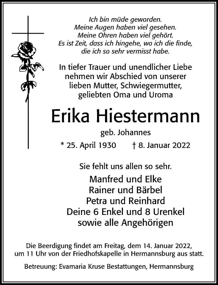  Traueranzeige für Erika Hiestermann vom 11.01.2022 aus Cellesche Zeitung