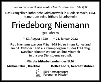 Traueranzeige von Friedeborg Niemann von Cellesche Zeitung