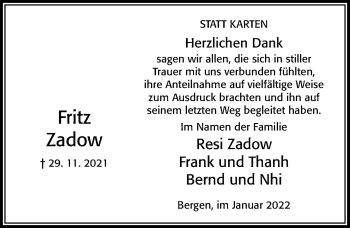 Traueranzeige von Fritz Zadow von Cellesche Zeitung