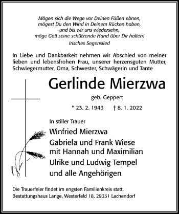 Traueranzeige von Gerlinde Mierzwa von Cellesche Zeitung