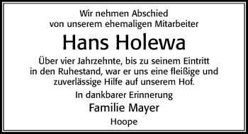 Traueranzeige von Hans Holewa von Cellesche Zeitung