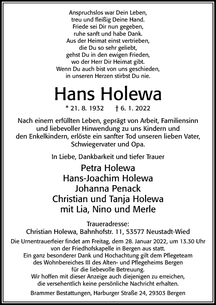 Traueranzeige für Hans Holewa vom 14.01.2022 aus Cellesche Zeitung