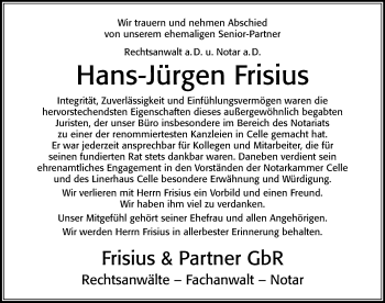 Traueranzeige von Hans-Jürgen Frisius von Cellesche Zeitung