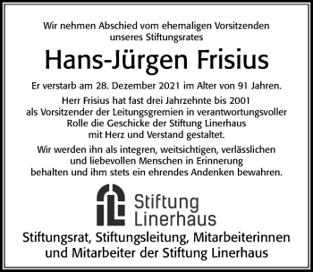 Traueranzeige von Hans-Jürgen Frisius von Cellesche Zeitung