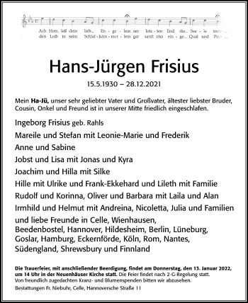 Traueranzeige von Hans-Jürgen Frisius von Cellesche Zeitung