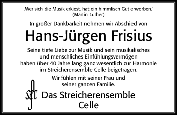 Traueranzeige von Hans-Jürgen Frisius von Cellesche Zeitung