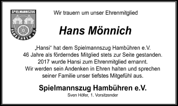 Traueranzeige von Hans Mönnich von Cellesche Zeitung