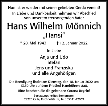 Traueranzeige von Hans Wilhelm Mönnich von Cellesche Zeitung
