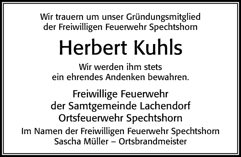  Traueranzeige für Herbert Kuhls vom 14.01.2022 aus Cellesche Zeitung