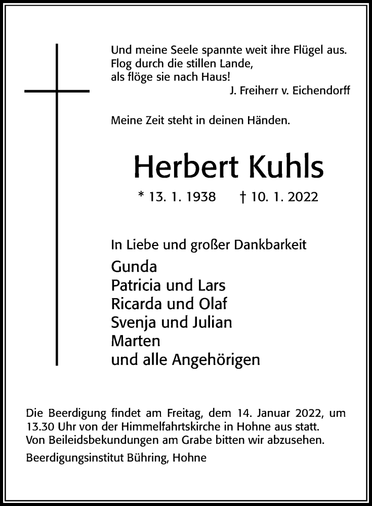  Traueranzeige für Herbert Kuhls vom 12.01.2022 aus Cellesche Zeitung