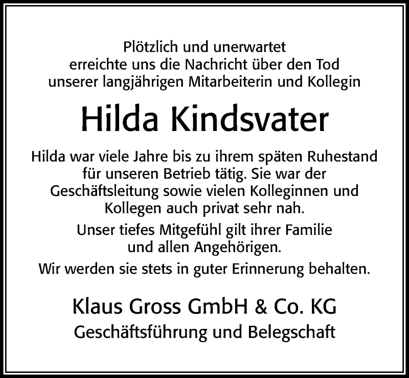  Traueranzeige für Hilda Kindsvater vom 05.01.2022 aus Cellesche Zeitung