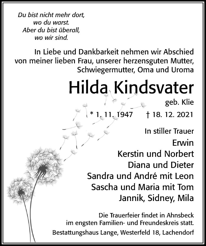  Traueranzeige für Hilda Kindsvater vom 05.01.2022 aus Cellesche Zeitung