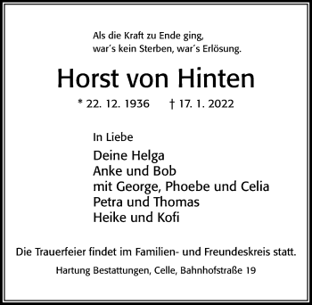 Traueranzeige von Horst von Hinten von Cellesche Zeitung