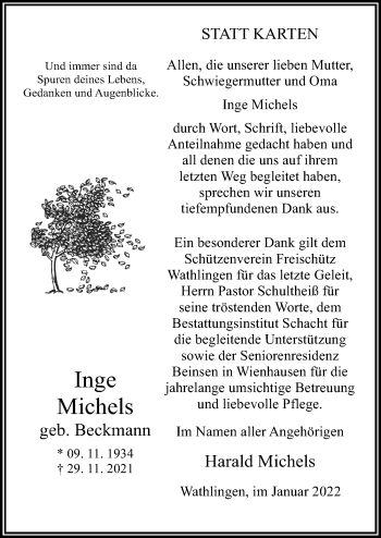 Traueranzeige von Inge Michels von Cellesche Zeitung