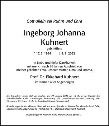 Traueranzeige von Ingeborg Johanna Kuhnert von Cellesche Zeitung