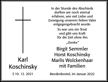 Traueranzeige von Karl Koschinsky von Cellesche Zeitung