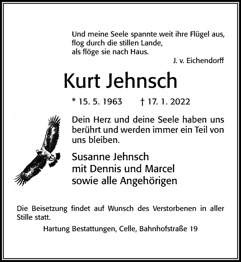  Traueranzeige für Kurt Jehnsch vom 22.01.2022 aus Cellesche Zeitung