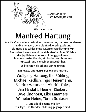 Traueranzeige von Manfred Hartung von Cellesche Zeitung