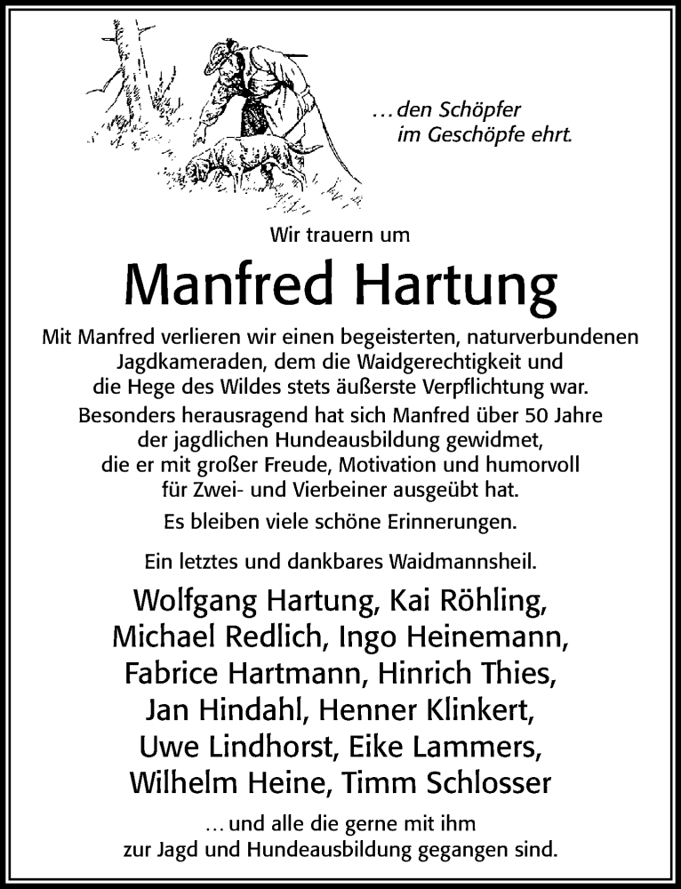  Traueranzeige für Manfred Hartung vom 22.01.2022 aus Cellesche Zeitung