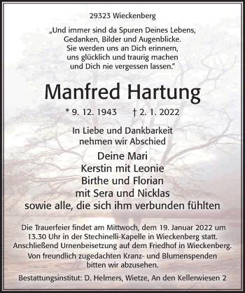 Traueranzeige von Manfred Hartung von Cellesche Zeitung