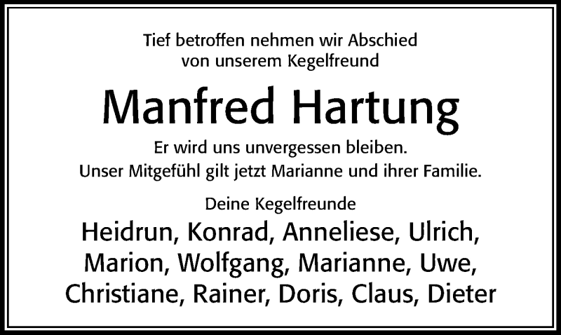  Traueranzeige für Manfred Hartung vom 08.01.2022 aus Cellesche Zeitung