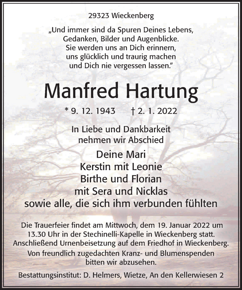  Traueranzeige für Manfred Hartung vom 08.01.2022 aus Cellesche Zeitung