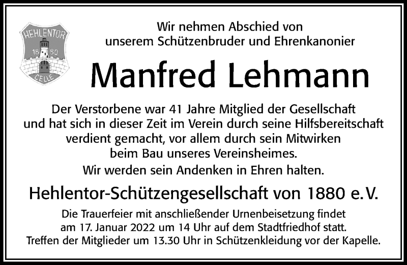  Traueranzeige für Manfred Lehmann vom 08.01.2022 aus Cellesche Zeitung