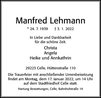Traueranzeige von Manfred Lehmann von Cellesche Zeitung