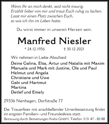 Traueranzeige von Manfred Niesler von Cellesche Zeitung